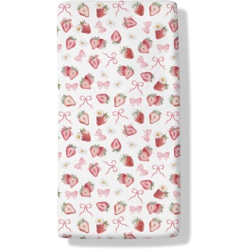 Strawberry Pink Bows Floral Baby Crib Sheets Sweet Watercolor Strawberry Daisy Flowers Soft Baby Sheets Fitted Crib Mattress Cover for Standard Crib Mattress 52"x28"
