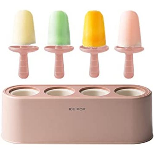 Popsicle Mold with 4 Pops, Silicone Ice Cream Molds Reusable Ice Pop Makers Easy Release Popsicle Tray for DIY Ice Cream Homemade Ice Pop (Pink)