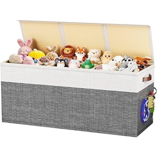 Dayacoco 40"X14"X16" Extra Large Toy Box Chest with Lids, 150L Collapsible Sturdy Kids Toy Storage Organizer Boxes for Boys Girls, Sturdy Toys Chest Storage Organizer Bin Basket, Gray & White