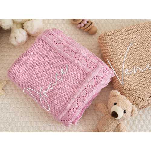 Embroidered Name Knit Blanket, Knitted Frill Edge Baby Name Blanket, Baby Shower Gift, New Baby Gift,Name Blanket for Girl,Pink Baby Blanket