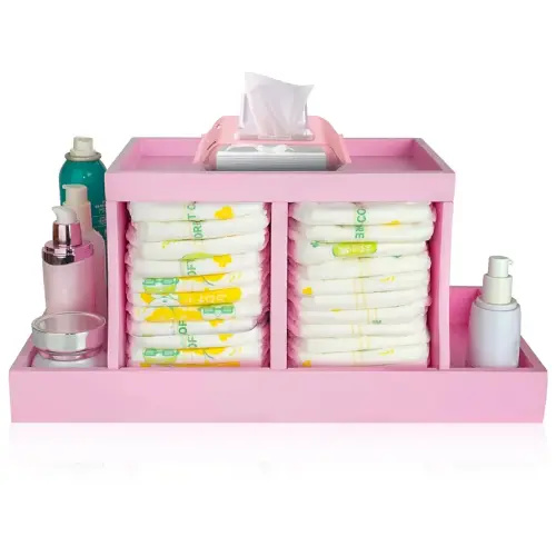 Diaper Caddy Organizer, Changing Table Organizer, Wooden Diaper Organizer for Nursery, Baby Diaper Storage Organizer with Removable Dividers (Pink, Rectangular Size)