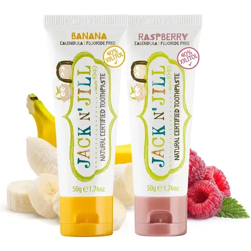 Jack N' Jill Natural Toddler Toothpaste for Baby, Kids and Infants 6 Months & Up, Fluoride Free Training Toothpaste for Toddlers 1-3, 40% Xylitol, BPA Free - Banana & Raspberry, 1.76 oz (Pack of 2)