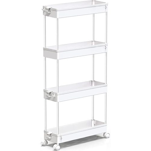 SPACEKEEPER Slim Rolling Storage Cart 4 Tier Bathroom Organizer Mobile Shelving Unit Utility Cart Tower Rack for Kitchen Laundry Narrow Places, White