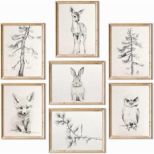 Vintage Nursery Wall Art Woodland Animal Canvas Decor Baby Room Wall Art Forest Animal Pictures Kids Tree Prints Posters Nature Deer Fox Painting Nursery Artwork for Bedroom 8x10x7 Inch Unframed