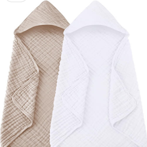 2 Pack Hooded Baby Towels - 100% Muslin Cotton for Newborns, Infants, Toddlers - Large 32x32Inch Size - Highly Absorbent and Essential for Newborn Care, White and Brown
