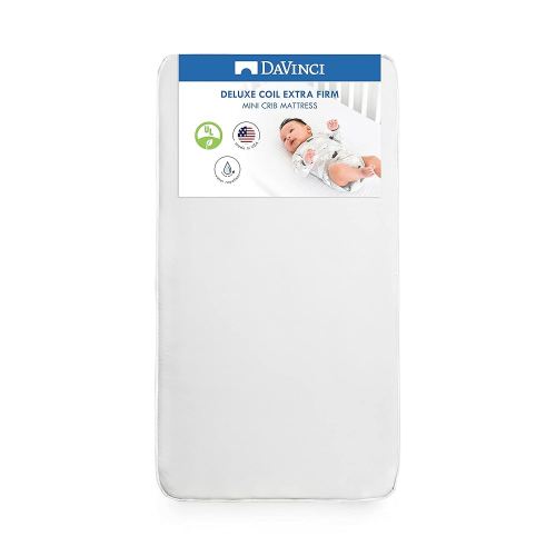 DaVinci Deluxe Coil Waterproof MINI Crib Mattress in White, Firm Support, Lightweight, Greenguard Gold Certified
