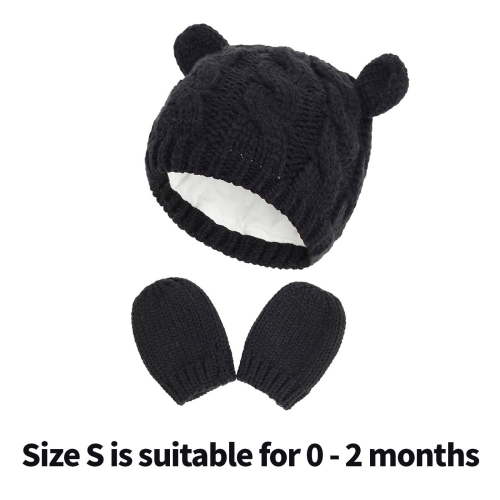 TELOLY Baby Hats,Knitted Suit Newborn Hats,Cute Little Ears Baby Mittens,S,Black