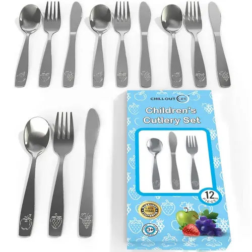 12 Piece Stainless Steel Kids Silverware Set - Child and Toddler Safe Flatware - Kids Utensil Set - Metal Kids Cutlery Set Includes 4 Small Kids Spoons, 4 Forks & 4 Knives