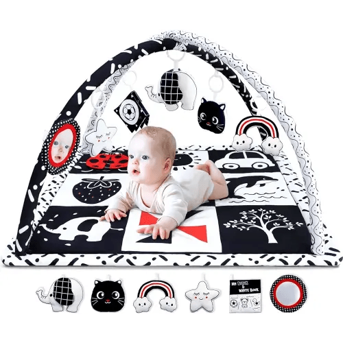 Black and White Baby Gym Play Mat with 6 Toys Tummy Time Activity Mat for Babies 0-6 6-12 Months High Contrast Baby Gyms & Playmats Sensory Toys Newborn Brain Development Infant Play Mat Baby Gifts