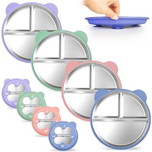 Stainless Steel Kids Plate with Suction 4 Pack, 9″ Toddler Divided Plates with Removable Non Slip Silicone Sleeves, BPA Free Baby Snack Dishes, Mint Green, Wisteria, Coral pink, Glaucous