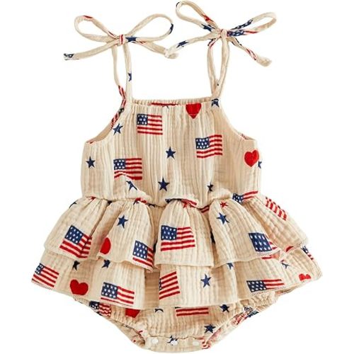 BeQeuewll Baby Girl 4th of July Outfit Newborn Infant Romper Dress Flag Print Sleeveless Tie Up Tutu Bodysuit Cute Outfits