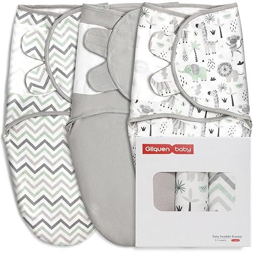 GLLQUEN BABY Organic Swaddle Sleep Sacks for Newborn - Baby Swaddles 0-3 Months, 3-Pack Newborn Swaddling Sack, Gray Stripe & Animal World, Baby Swaddle Blanket Wrap (Small/Medium)