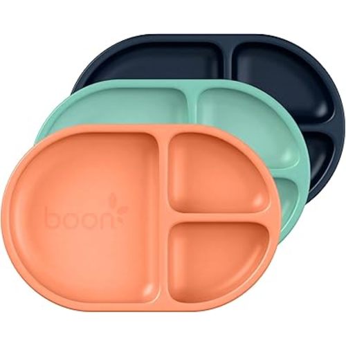 Boon CHOW Silicone Plate Set - 3 Unbreakable Divided Toddler Plates - Baby Plates for 6 Months and Up - Baby Led Weaning Supplies - Pink Multicolor