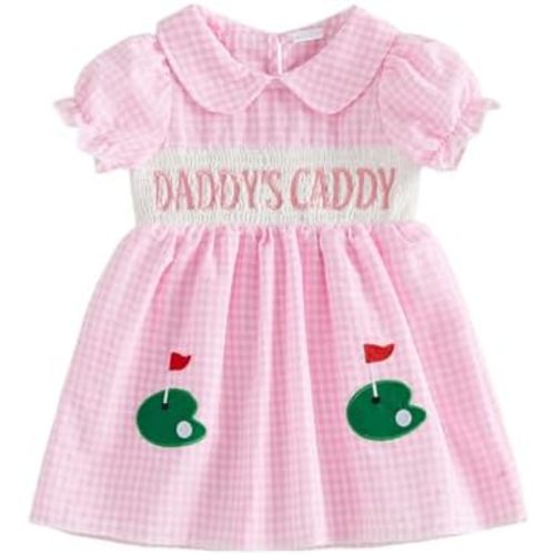 Suolongsama Toddler Baby Girl Golf Outfit Smocked Letter Embroidery A Line Dress Short Sleeve Collared Gingham Summer Dress