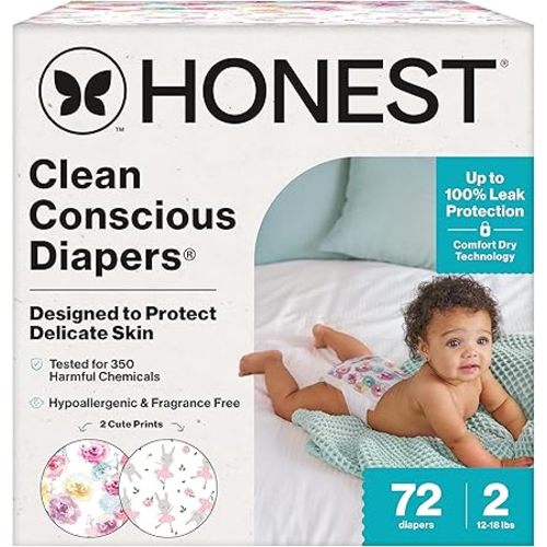 The Honest Company Comfort Dry Disposable Diapers for Sensitive Skin, Hypoallergenic, Rose Blossom + Tutu Cute, Club Box Size 2 (12–18 lbs), 72 Count