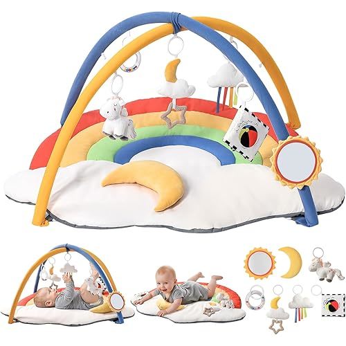 Baby Gym Play Mat with 6 Detachable Toys, Tummy Time Mat for Floor, Promote Motor Skills & Sensory Development Mat for Infant, Washable Baby Activity Mat, Easy to Install, Baby Essentials Gift-Rainbow