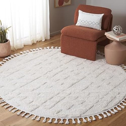SAFAVIEH Moroccan Tassel Shag Collection Area Rug - 6'7" Round, Ivory, Non-Shedding & Easy to Clean, Plush High-Low Texture, Ideal for Living Room, Bedroom, Dining Space (MTS688C)