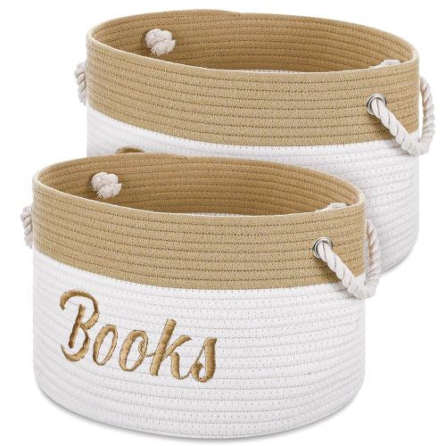 2 Pack Baby Book Baskets for Nursery Embroidered Book Storage Bins 15 x 11 x 9 Inches Woven Cotton Rope Baskets for Book Toy Organizer Storage Room Classroom