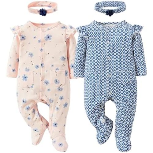 Baby Girls 2-Piece Romper and Headband Set- 100% Cotton Snap Closure Outfit for 0-12 Months