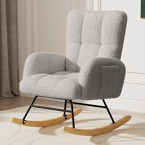 LUCKLIFE Rocking Chair Nursery,Teddy Upholstered Glider Rocker Chair with High Backrest,Reading Chair Modern Rocking Accent Chairs with Side Pockets for Living Room,Bedroom (Grey)