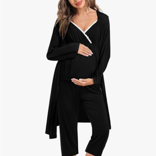 SWOMOG Maternity Nursing Robe Set 3 Piece Breastfeeding Pajamas 3 in 1 Labor Delivery Sleevless Tops&Long Pants Pregnancy Pjs