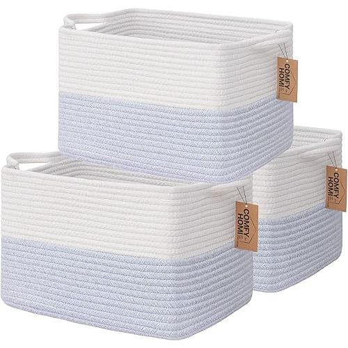 COMFY-HOMI 3PACK Cotton Rope Square Baske with Handles for Shelves|Dog Toy Baske Bin and Storage|Baby Baske for Gift|Shoe Baske for Organizing|13.5" x 11" x 9.5" for Living Room(White/Blue)