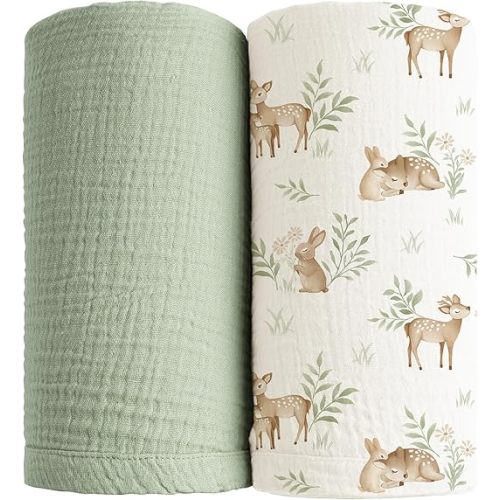 Konssy Muslin Swaddle Blankets for Girls Boys 2 Pack, 100% Cotton Receiving Baby Blanket Large 47 x 47 inches, Soft Breathable Swaddling Wrap for Unisex Newborn (Woodland,Sage)