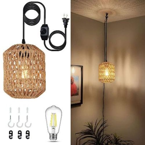 KTMBDW Plug in Pendant Light with LED Bulb,Boho Hanging Light Fixture with Rattan-Style Shade,16FT Adjustable Cord for Bedroom, Living Room,Natural
