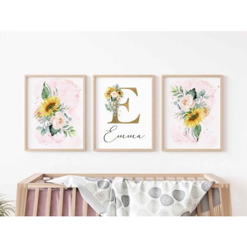 Sunflower Nursery Name Sign Monogram Wall Decor Girl Nursery Wall Print