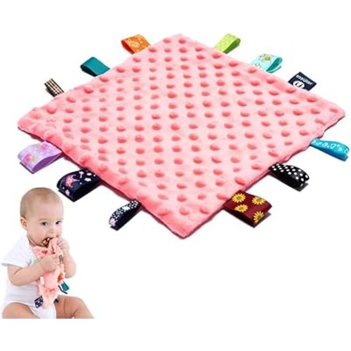 Baby Tags Security Blankets - Baby Soothing Plush Blanket with Colorful Tags, 10"x10" Square Sensory Toys, Lovey for 3 Months+ Babies Boys and Girls (Pink)