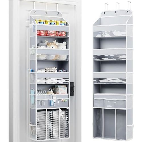 OneDream Over the Door Organizer for Nursery, 5-Tier Baby Clothes Organizer with Removable Storage Caddy, Hanging Behind Door Storage with Clear Pockets and Side Mesh Compartments, Grey