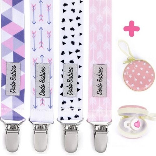 Dodo Babies Pacifier Clip by Pack of 4 + Pacifier Case, Premium Quality for Girls Modern Designs Universal Holder