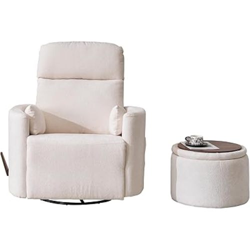 Oversized Swivel Rocker Recliner Chair with Storage Ottoman, Manual Swivel Glider Rocker Recliner with Massage and Heat, Rocking Nursery Chair with 2 Bolster Pillows, Adjustable Headrest, White