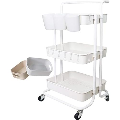 3 Tier Utility Rolling Cart Storage Organizer Shelf Rack with 3PCS Hanging Cups 8PCS Hook 2PCS Storage Box for Home Office Kitchen Bathroom Storage (White 3 Cup+8 Hook+2 Storage Box)