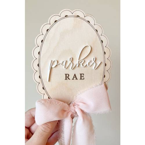Birth Announcement Sign | Birth Stats Sign | Baby Name Announcement Sign | Lace Ribbon Bow Name Sign | Engraved Baby Shower Gift Nursery