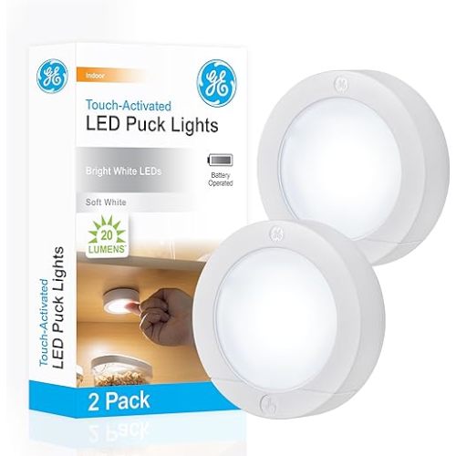 GE Wireless LED Puck Lights, Battery Operated, 20 Lumens, Touch Light, Tap Light, Stick on Lights, Under Cabinet Light, Ideal for Kitchen Cabinets, Closets, Garage 2 Pack, 25434
