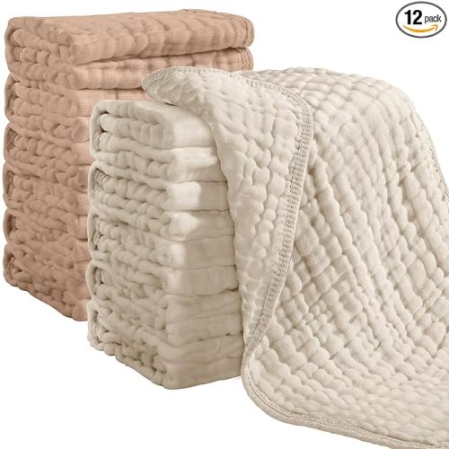 Looxii Muslin Burp Cloths 100% Cotton Muslin Cloths 12 Pack Large 20''x10'' Extra Soft and Absorbent Baby Burping Cloth for Boys and Girls (Apricot+Coffee)
