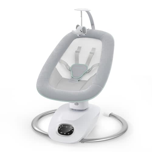 Momcozy CocoSway 3D-Motion Baby Swing for Infants to Toddlers, 6 Motion Modes & 4 Speeds, 180° Rotating Seat, Remote Control, Reclining Seat with 5-Point Harness, 8 Preset Lullabies, Grey