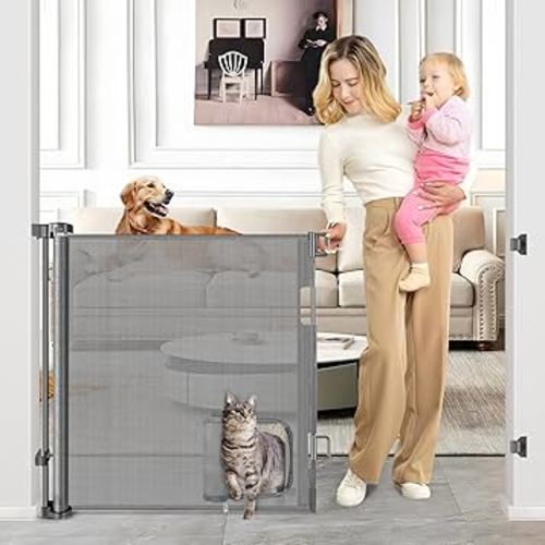 Retractable Dog Gate with Cat Door 55" Wide Retractable Pet Gate with Cat Door Mesh Dog Gate Retractable Baby Gates for Doorway Retractable Puppy Gate for The House Retractable Outdoor Gate for Deck