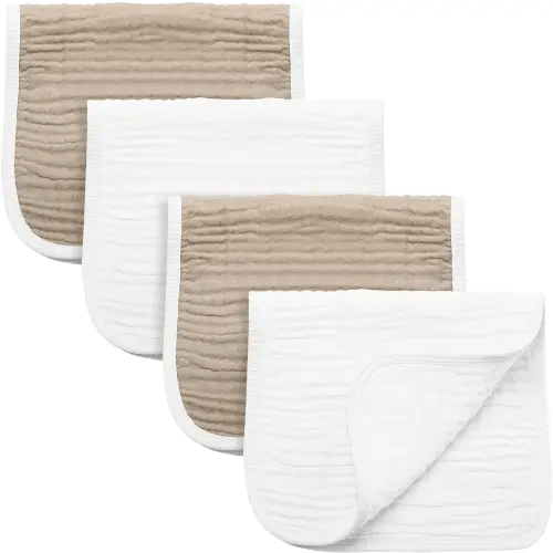 Synrroe Burp Cloths Large, Muslin Burp Cloths for Baby Girls and Boys, Pack of 4 Extra Absorbent and Soft Muslin Bibs, 6 Layers 20 by 10 Inches 100% Cotton (White and Brown 4 Pack)