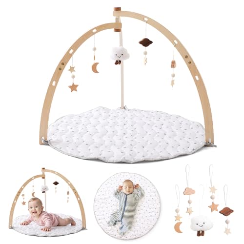Wooden Baby Play Gym with Play Mat,Foldable Activity Center for Toddler with 5 Hanging Sensory Toys,Infant Babies Play Gym with White Playmat for Newborn Baby Girls and Boys