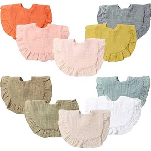 Frienda 10 Pcs Muslin Baby Bibs Cotton Bandana Drool Bib Baby Burp Cloths Drool Teething Bibs for Newborn Baby Girl Boy (Light Color)