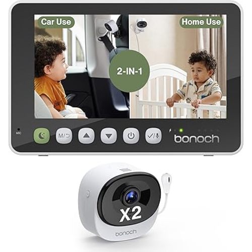 bonoch 2-in-1 Car Home Dual-Use Baby Monitor, 5" 1080P HD Clear View Wireless Monitor, 2 USB Powered Cameras for Baby, Seamless Transition Between Car & Home, 360° Rotatable, Night Vision