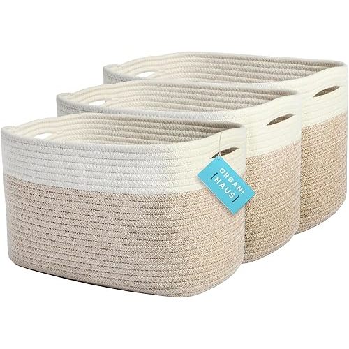 OrganiHaus Set of 3 Rope Baskets for Organizing, Cotton Rope Basket, Shoe Basket Organizer, Decorative Storage Baskets, Toy Bins, Woven Baskets for Storage, Shelf Baskets for Organizing - Light Honey
