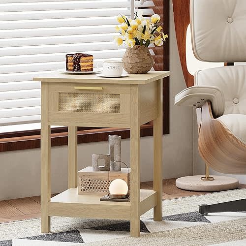 Rattan Night Stands Boho End Table with Storage Drawer and Opening Shelf Wooden Bedside Tables Bed Side Table Accent Tables for Bedroom Small Space