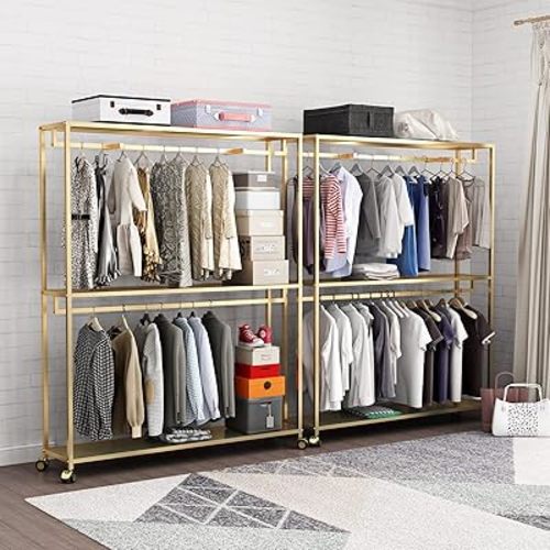 TIEOU Gold Clothes Racks Free-Standing, Gold Clothing Rack with Shelves for Boutiques, Heavy Duty Garment Rack for Hanging Clothes, Large Wardrobe Closet(Only One Shelf)