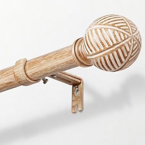 Zeerobee Wood Curtain Rods for Windows 32 to 72, 1 Inch Heavy Duty Drapery Rods with Imitation Wood Grain Leaf Pattern Finials, Indoor/Outdoor Modern Curtain Pole, 32"-72", Brown