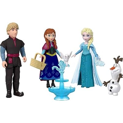 Mattel Disney Frozen Toys, Small Doll 4-Pack with Anna, Elsa, Kristoff & Olaf, Plus Fountain and 3 Storytelling Accessories, Inspired by Movie