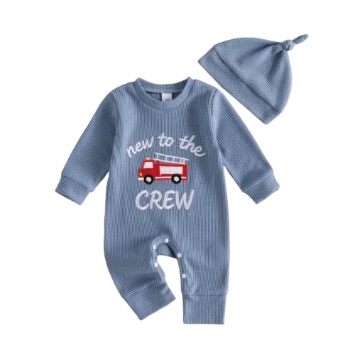 Newborn Baby Boy Fall Outfit Fire Truck Romper Long Sleeve Waffle Jumpsuit