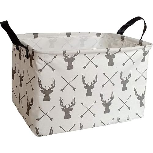 Rectangular Storage Bin Shelf Basket Canvas Fabric Toy Box,Waterproof Coating Nursery Hamper with Handles,Gift Basket for Home,Office,Clothes,Books(Deer)